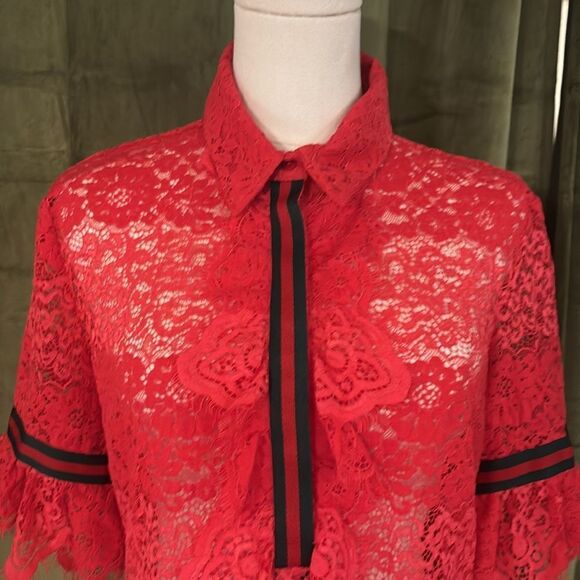Anne Fontaine red lace jabot polo blouse, US6 - Picture 3 of 11